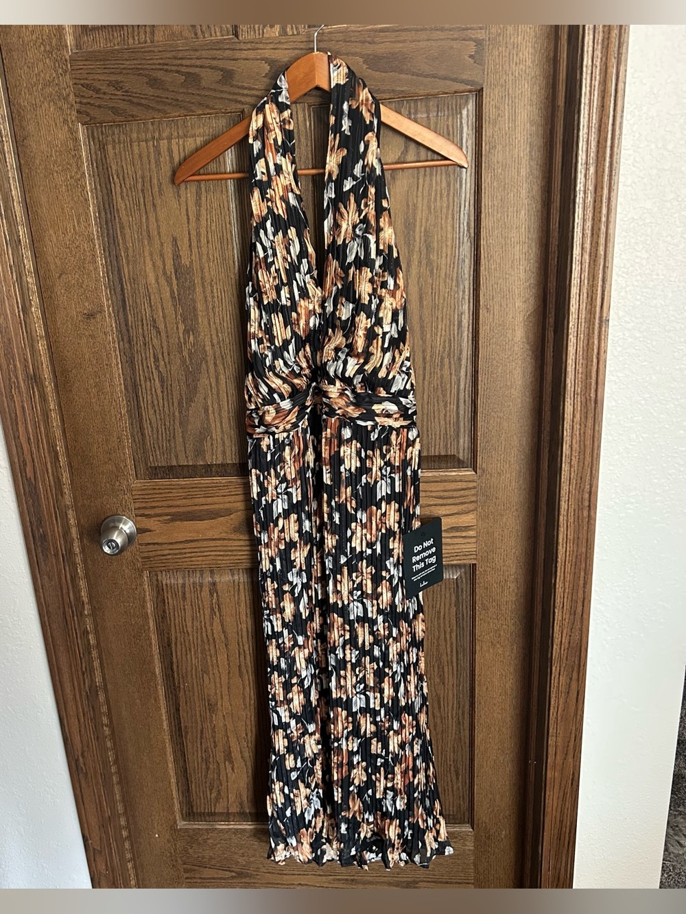 Lulu's Black Halter Maxi Dress with Brown and Cream Floral Print
